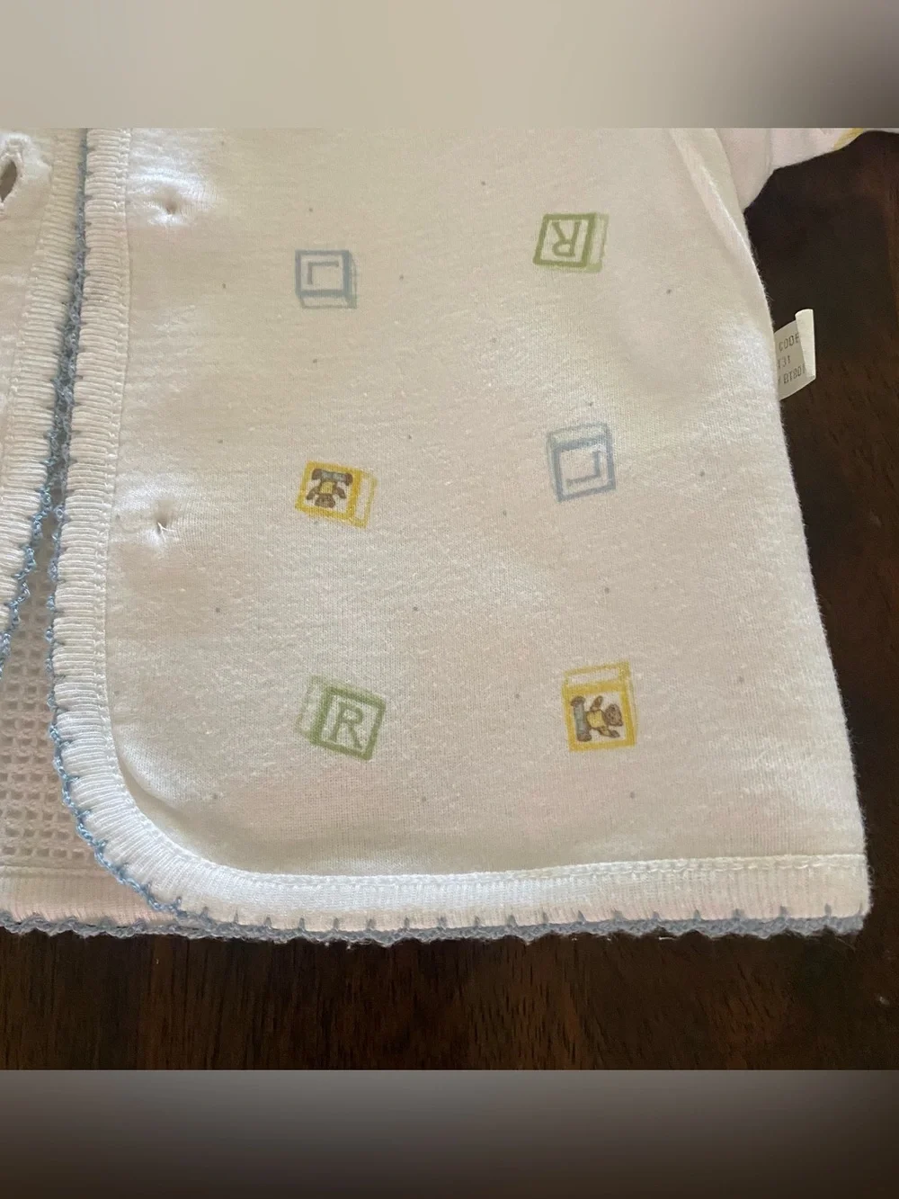 Ralph Lauren White Baby Waffle Knit Cardigan with Light Blue Trim
